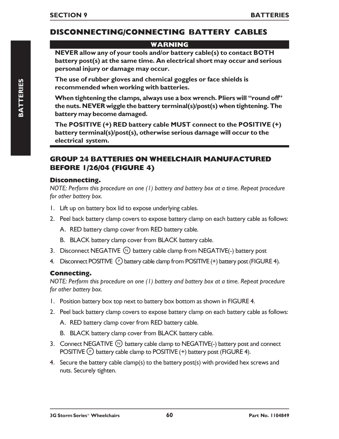 Invacare Torque SP RWD, Ranger X RWD, Arrow RWD service manual DISCONNECTING/CONNECTING Battery Cables 