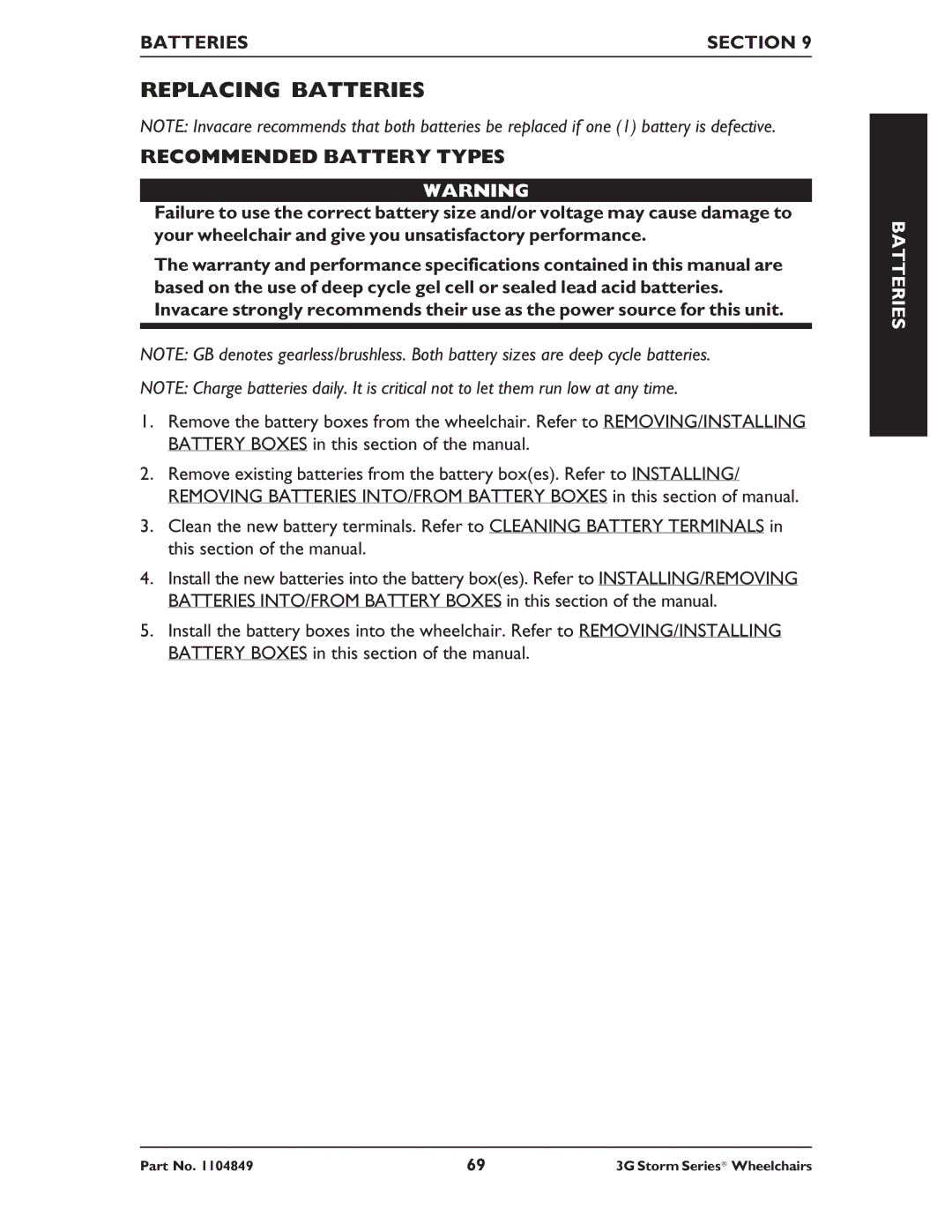 Invacare Torque SP RWD, Ranger X RWD, Arrow RWD service manual Replacing Batteries, Recommended Battery Types 