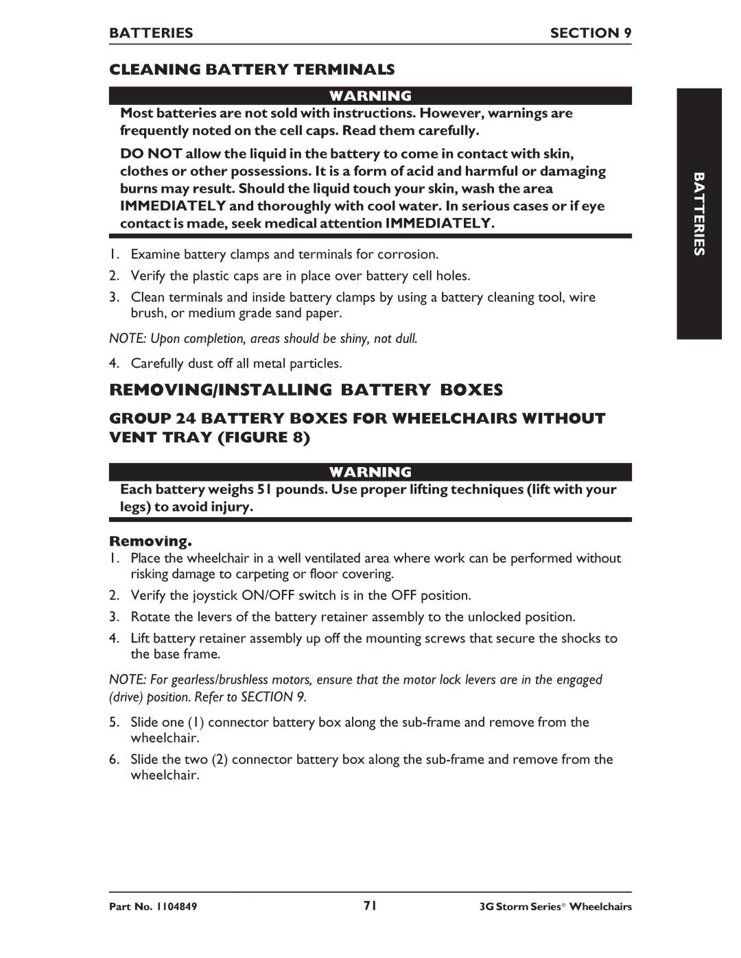 Invacare Arrow RWD, Torque SP RWD, Ranger X RWD service manual REMOVING/INSTALLING Battery Boxes, Cleaning Battery Terminals 