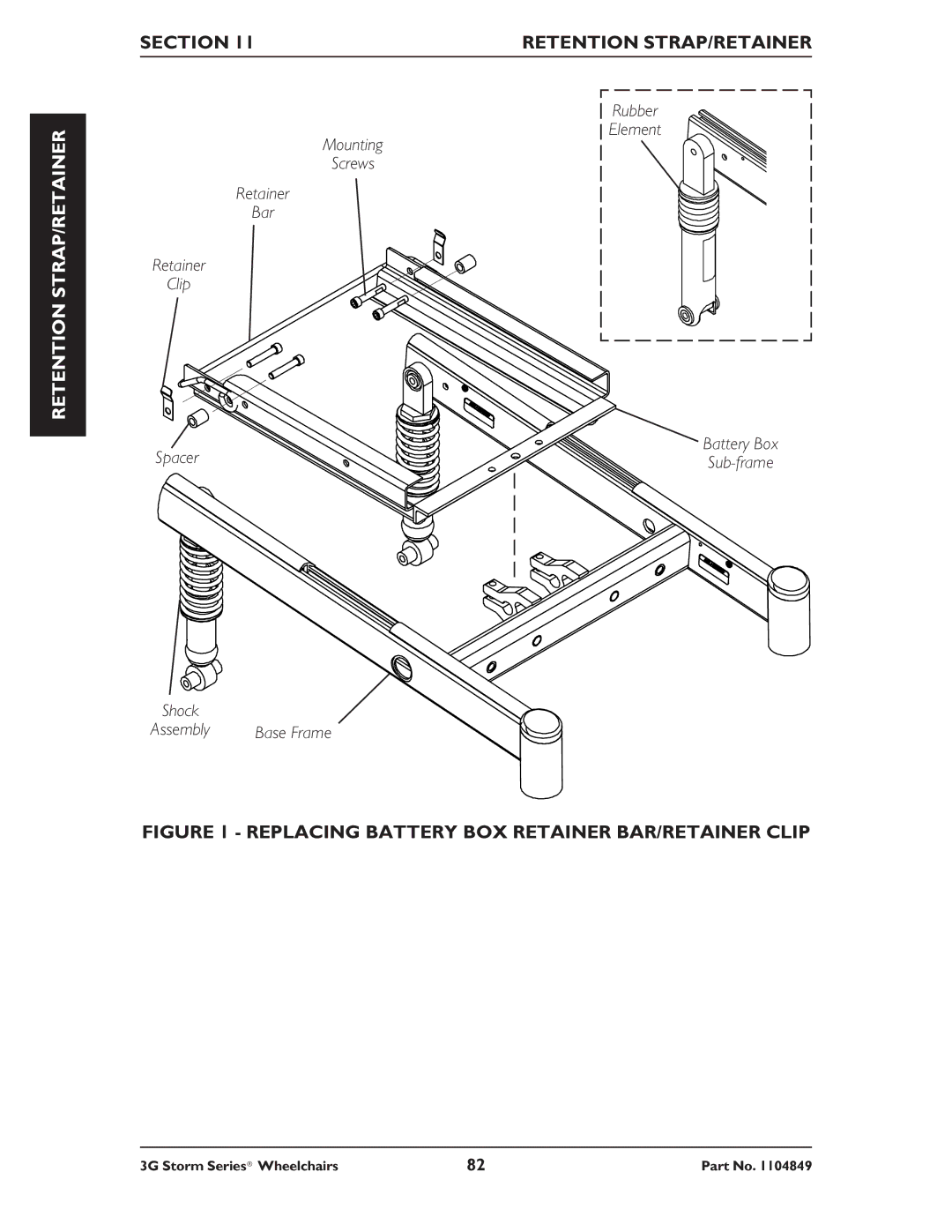 Invacare Ranger X RWD, Torque SP RWD Section Retention STRAP/RETAINER, Replacing Battery BOX Retainer BAR/RETAINER Clip 