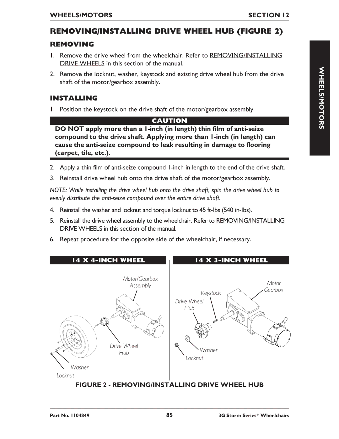 Invacare Ranger X RWD, Torque SP RWD, Arrow RWD REMOVING/INSTALLING Drive Wheel HUB Figure, WHEELS/MOTORS 14 X 4-INCH Wheel 