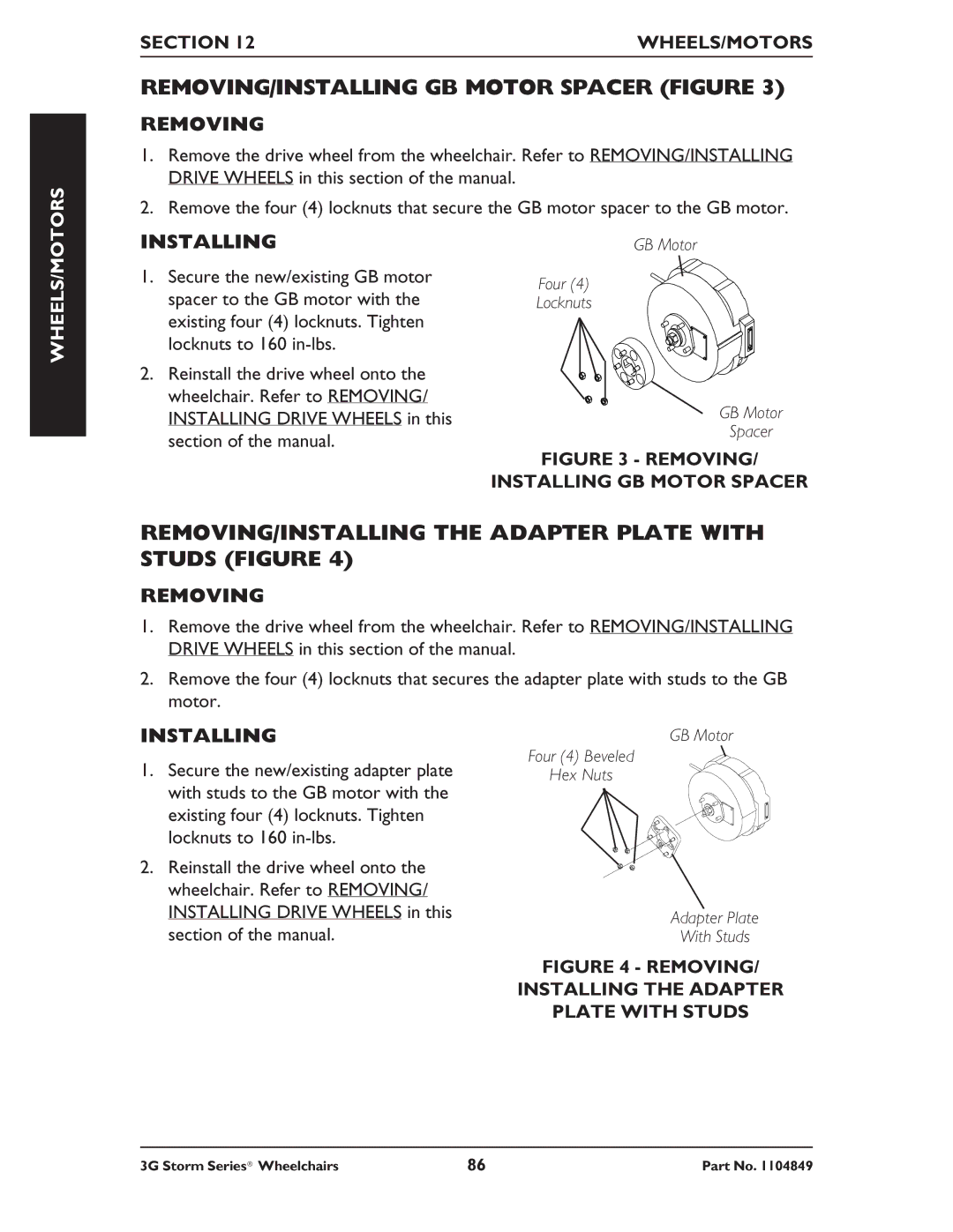 Invacare Arrow RWD REMOVING/INSTALLING GB Motor Spacer Figure, REMOVING/INSTALLING the Adapter Plate with Studs Figure 