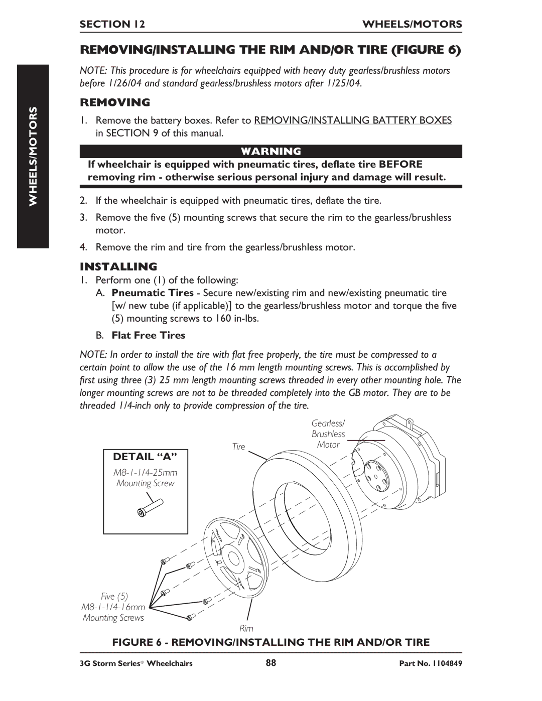 Invacare Ranger X RWD REMOVING/INSTALLING the RIM AND/OR Tire Figure, Mounting screws to 160 in-lbs Flat Free Tires 