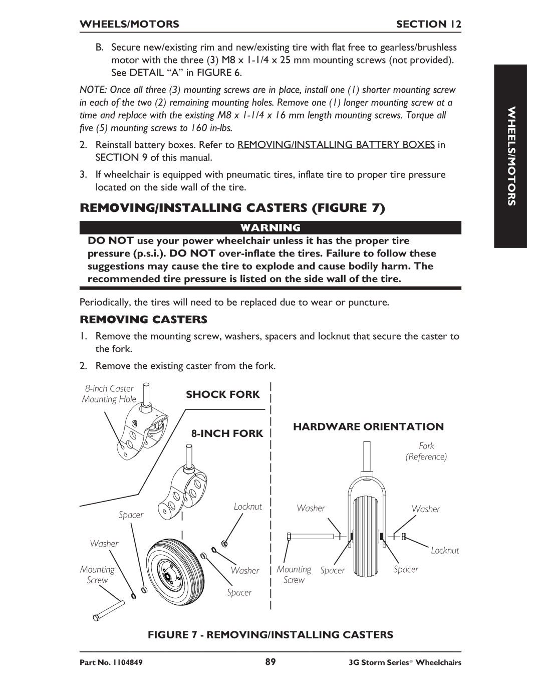 Invacare Arrow RWD REMOVING/INSTALLING Casters Figure, Removing Casters, Shock Fork, Inch Fork Hardware Orientation 