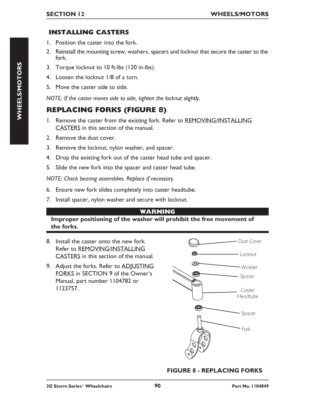 Invacare Torque SP RWD, Ranger X RWD, Arrow RWD service manual Replacing Forks Figure, Installing Casters 