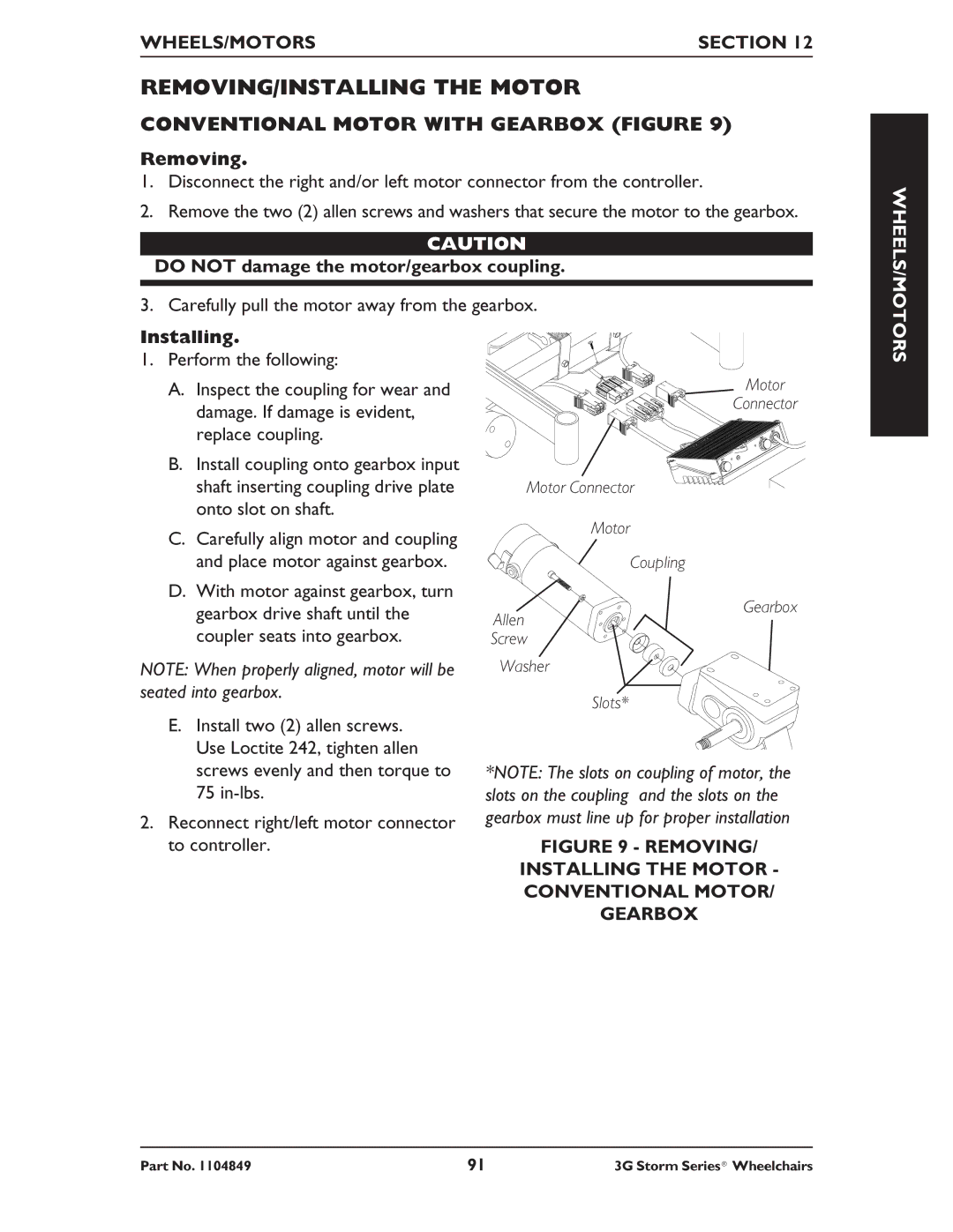 Invacare Ranger X RWD REMOVING/INSTALLING the Motor, Conventional Motor with Gearbox Figure, Installing the Motor 