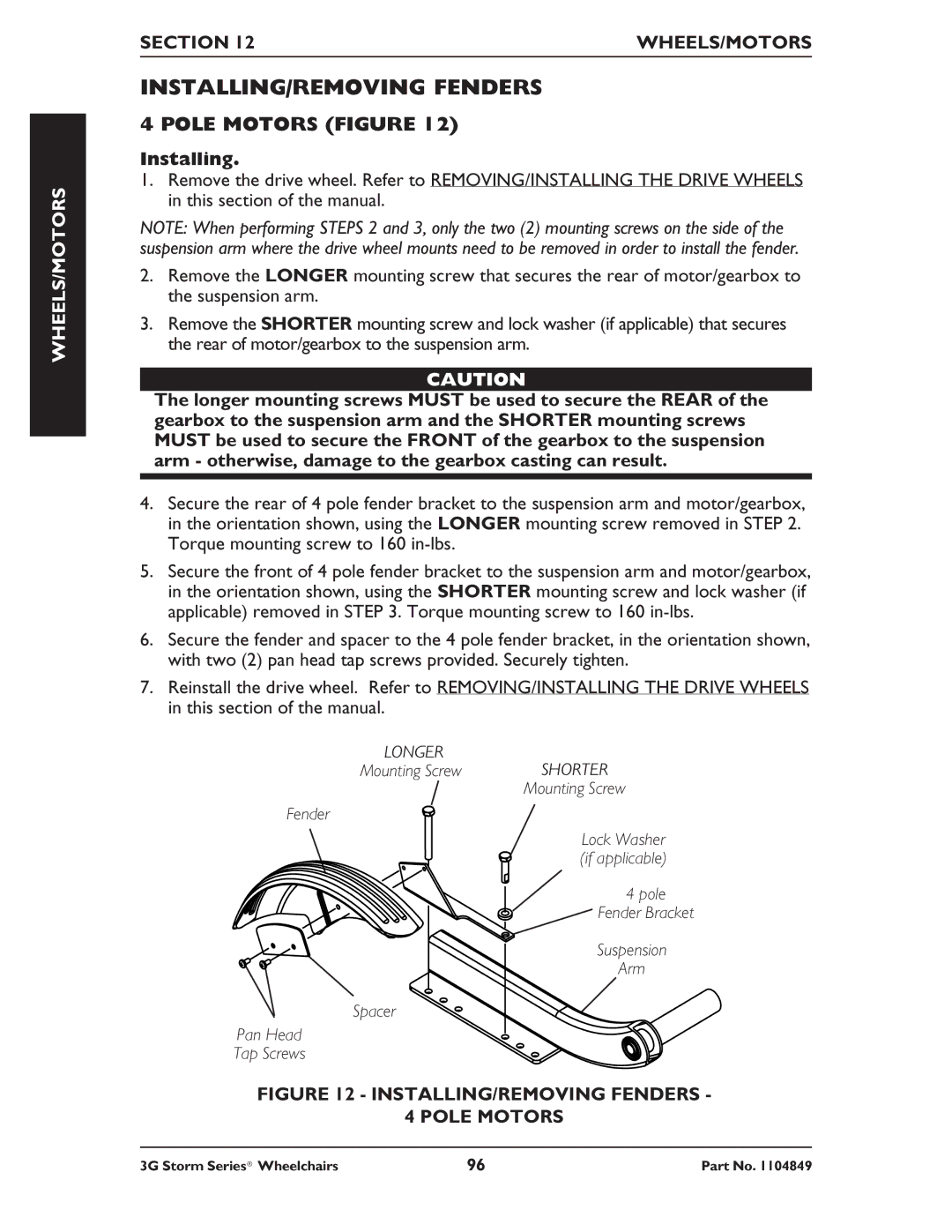 Invacare Torque SP RWD, Ranger X RWD, Arrow RWD service manual INSTALLING/REMOVING Fenders, Pole Motors Figure 