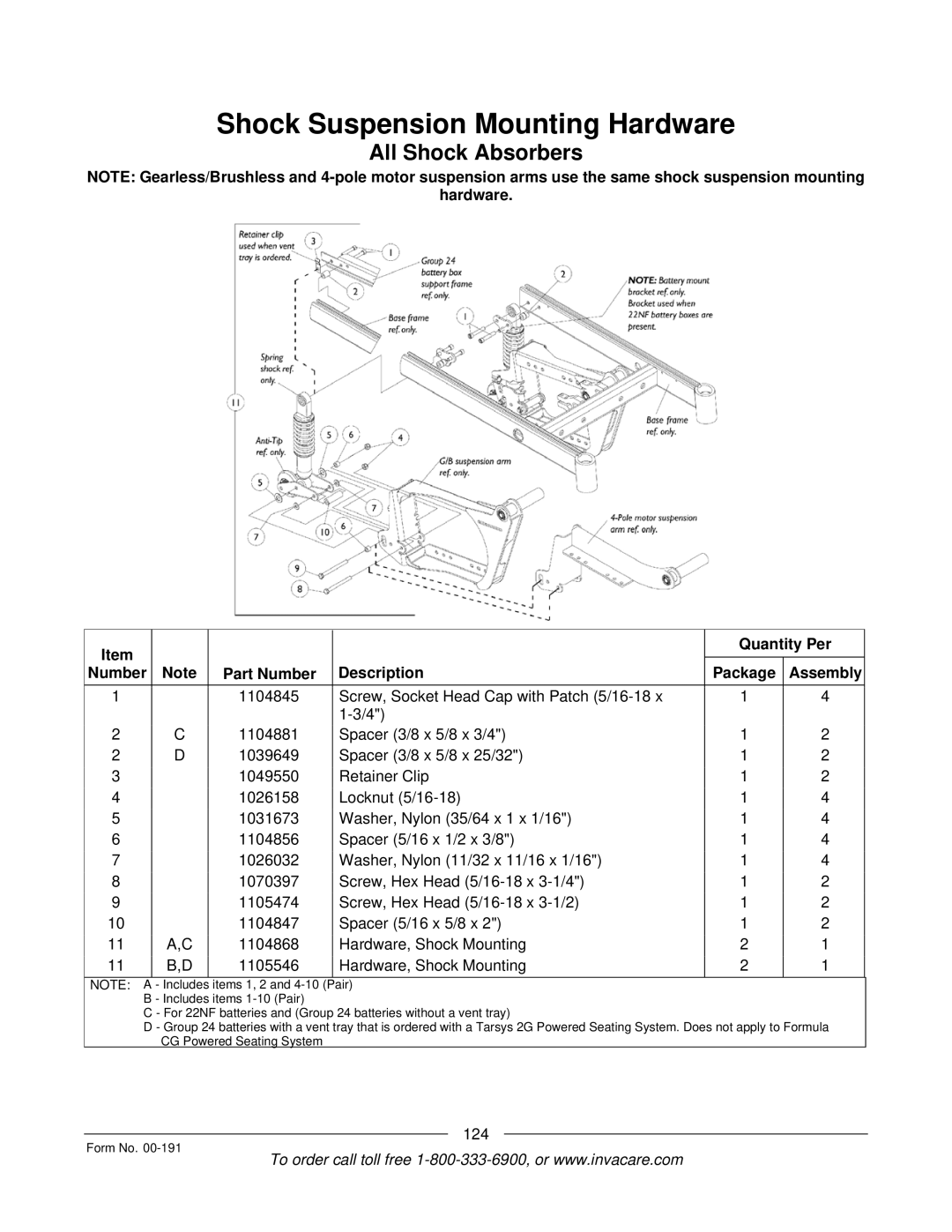 Invacare TorqueTM SE, TorqueTM SP, TorqueTM 3, Ranger XTM, Arrow manual Shock Suspension Mounting Hardware, All Shock Absorbers 