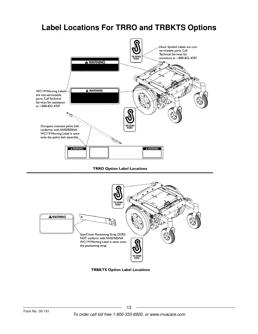 Invacare Arrow, TorqueTM SE, TorqueTM SP, TorqueTM 3, Ranger XTM manual Label Locations For Trro and Trbkts Options 