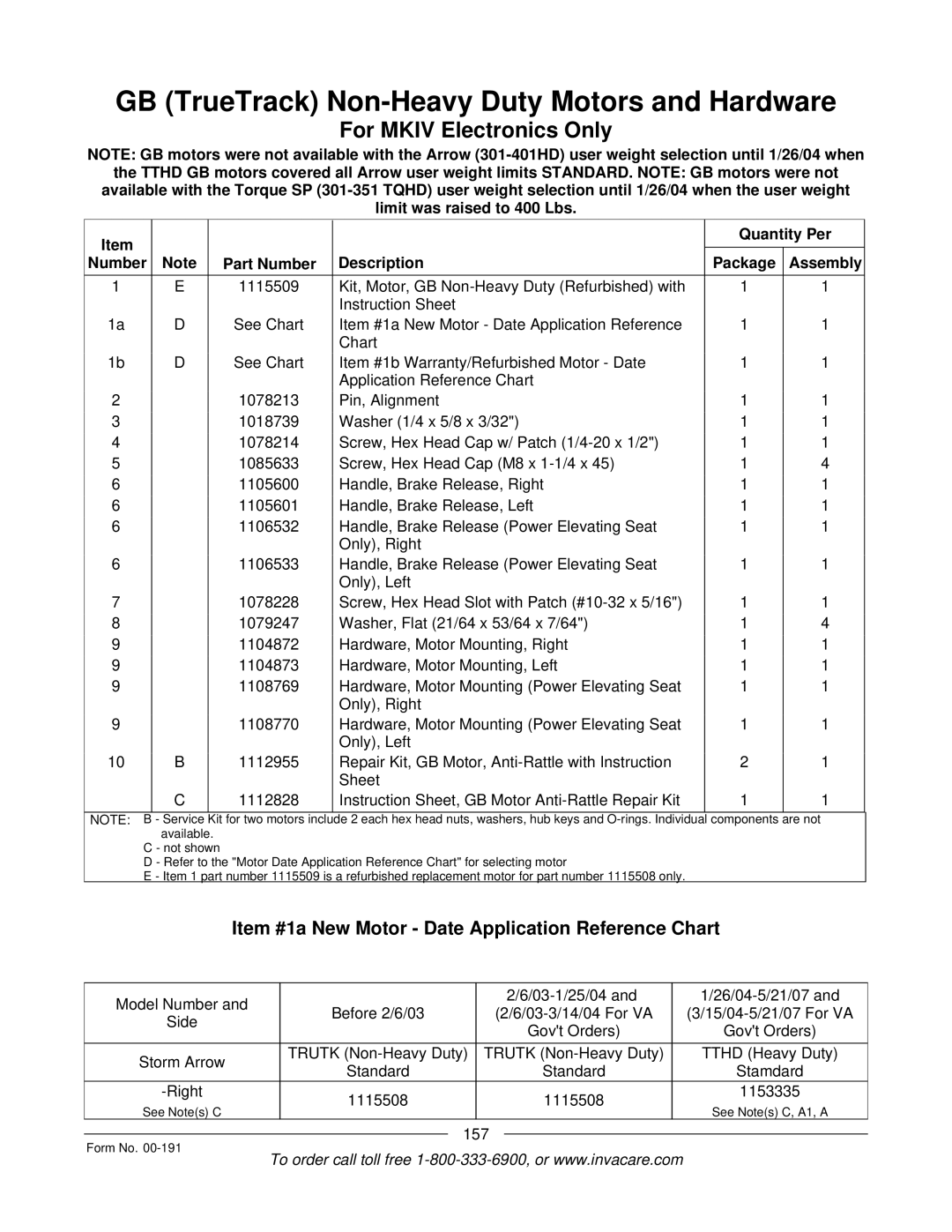 Invacare Ranger XTM, TorqueTM SE, TorqueTM SP, TorqueTM 3, Arrow manual Item #1a New Motor Date Application Reference Chart 