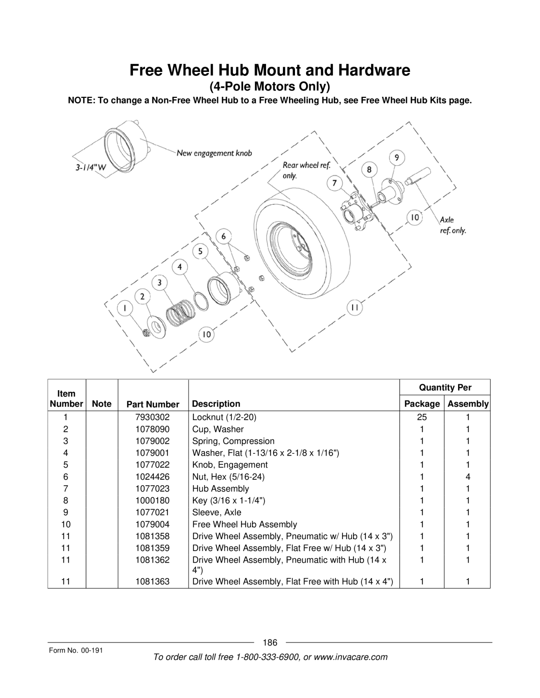 Invacare TorqueTM 3, TorqueTM SE, TorqueTM SP, Ranger XTM, Arrow manual Free Wheel Hub Mount and Hardware 