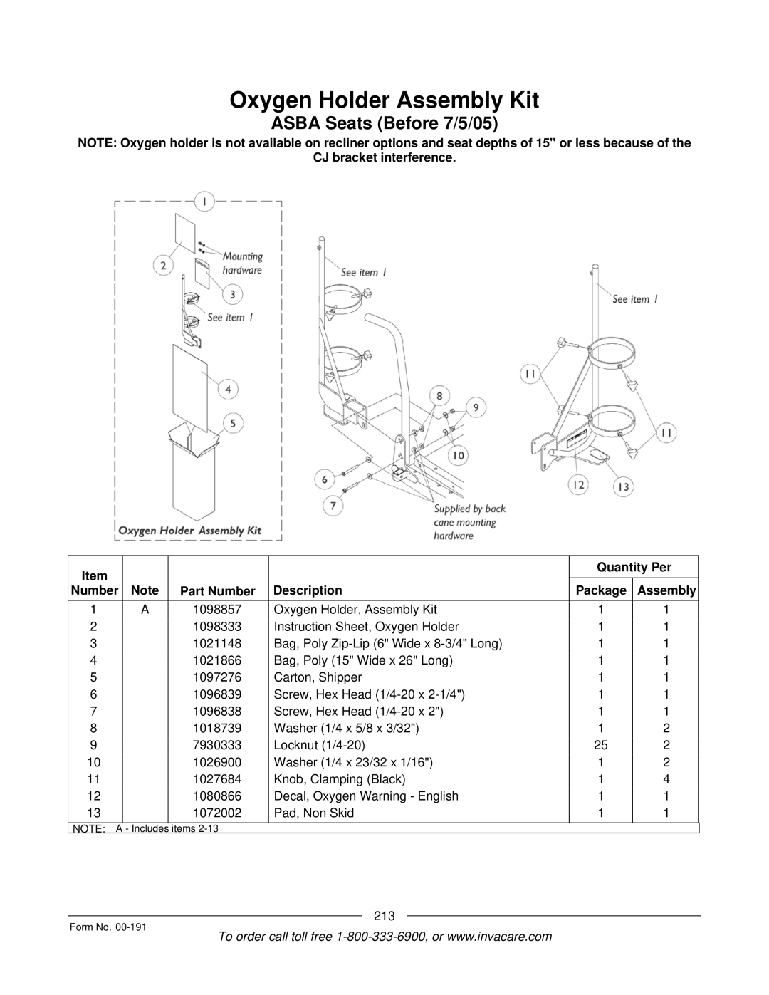 Invacare Arrow, TorqueTM SE, TorqueTM SP, TorqueTM 3, Ranger XTM manual Oxygen Holder Assembly Kit, Asba Seats Before 7/5/05 