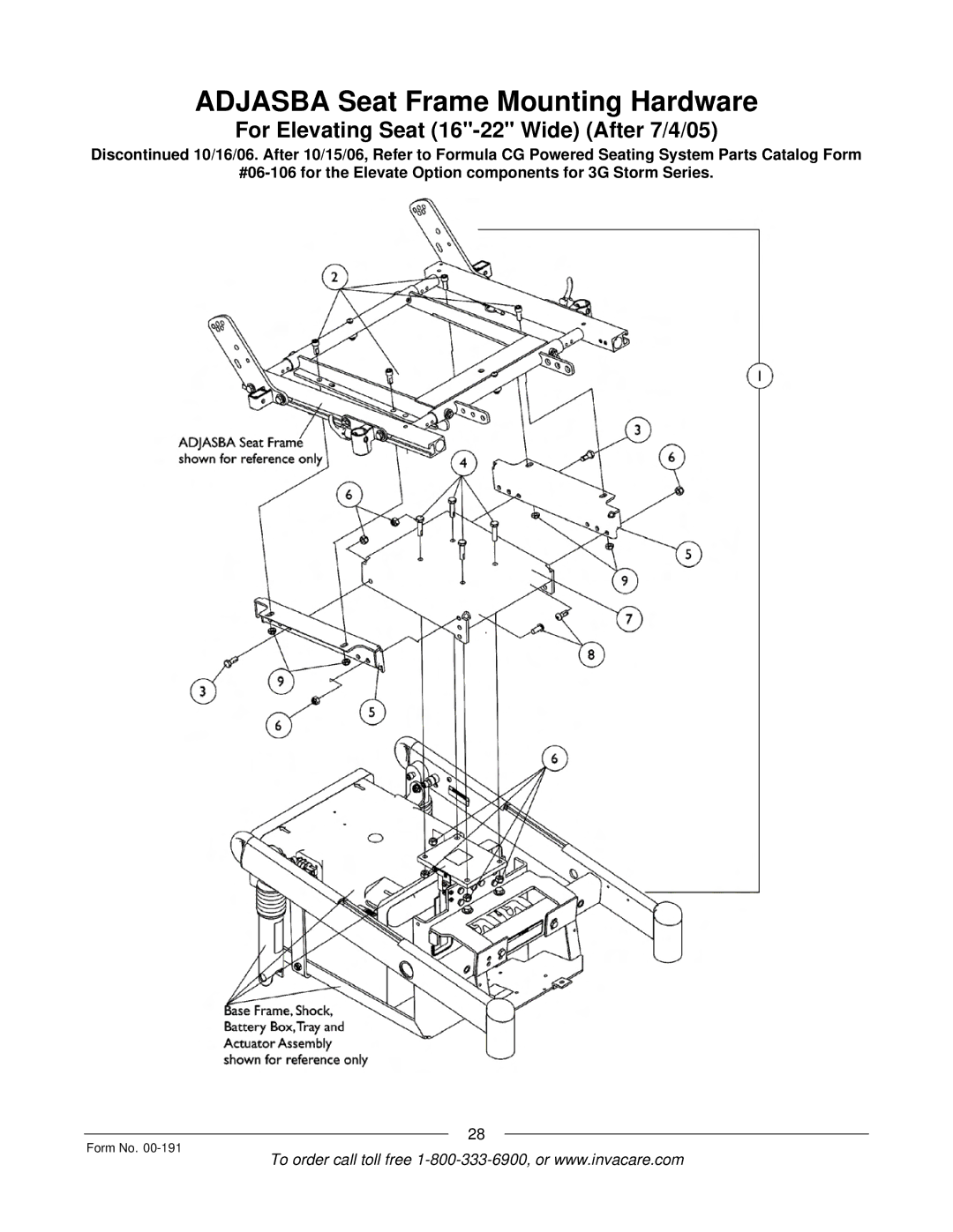 Invacare Arrow, TorqueTM SE, TorqueTM SP Adjasba Seat Frame Mounting Hardware, For Elevating Seat 16-22 Wide After 7/4/05 