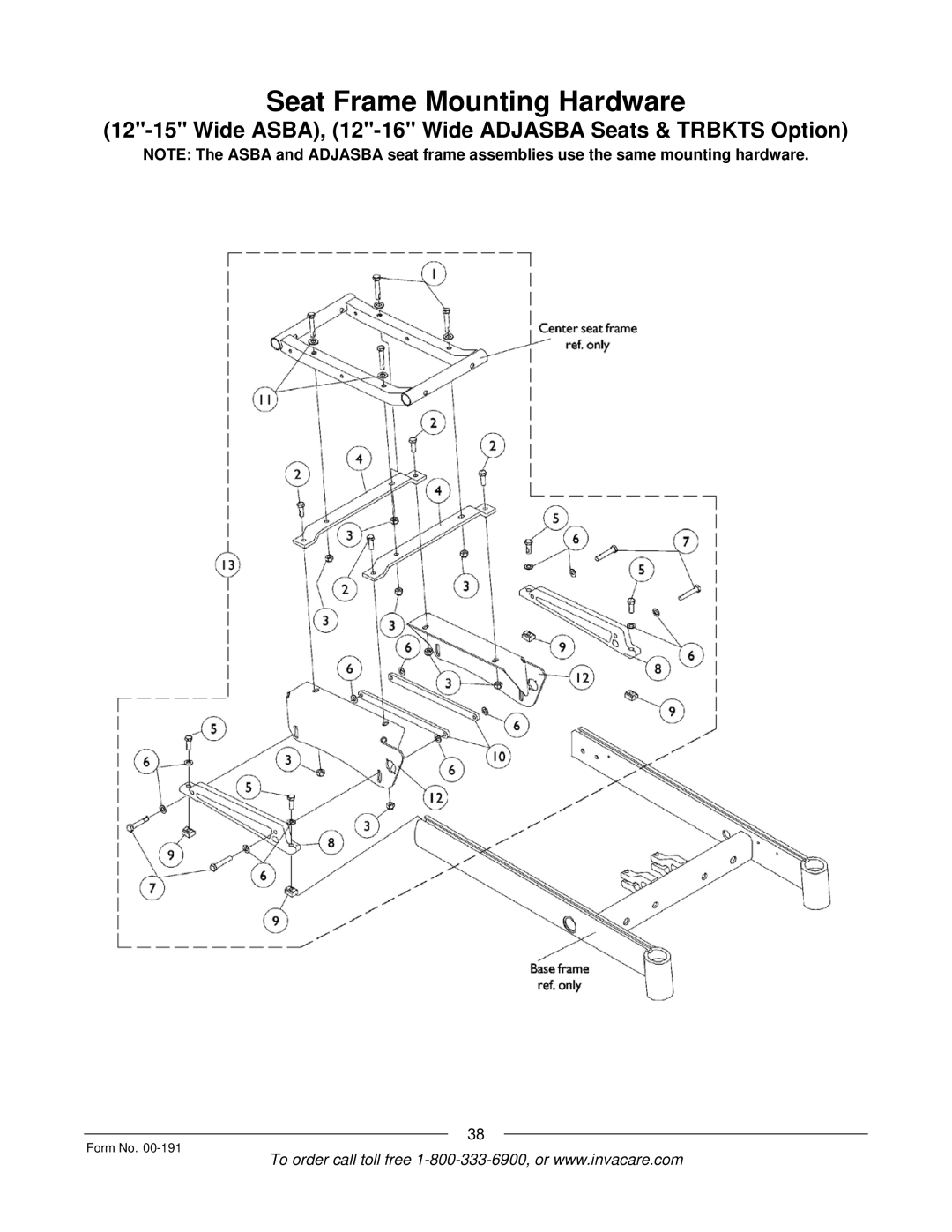 Invacare Arrow, TorqueTM SE, TorqueTM SP, TorqueTM 3, Ranger XTM manual Seat Frame Mounting Hardware 