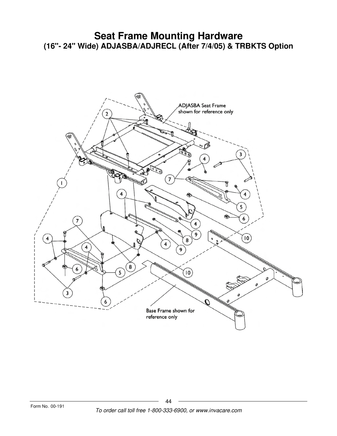 Invacare TorqueTM SE, TorqueTM SP, TorqueTM 3, Ranger XTM, Arrow 16- 24 Wide ADJASBA/ADJRECL After 7/4/05 & Trbkts Option 