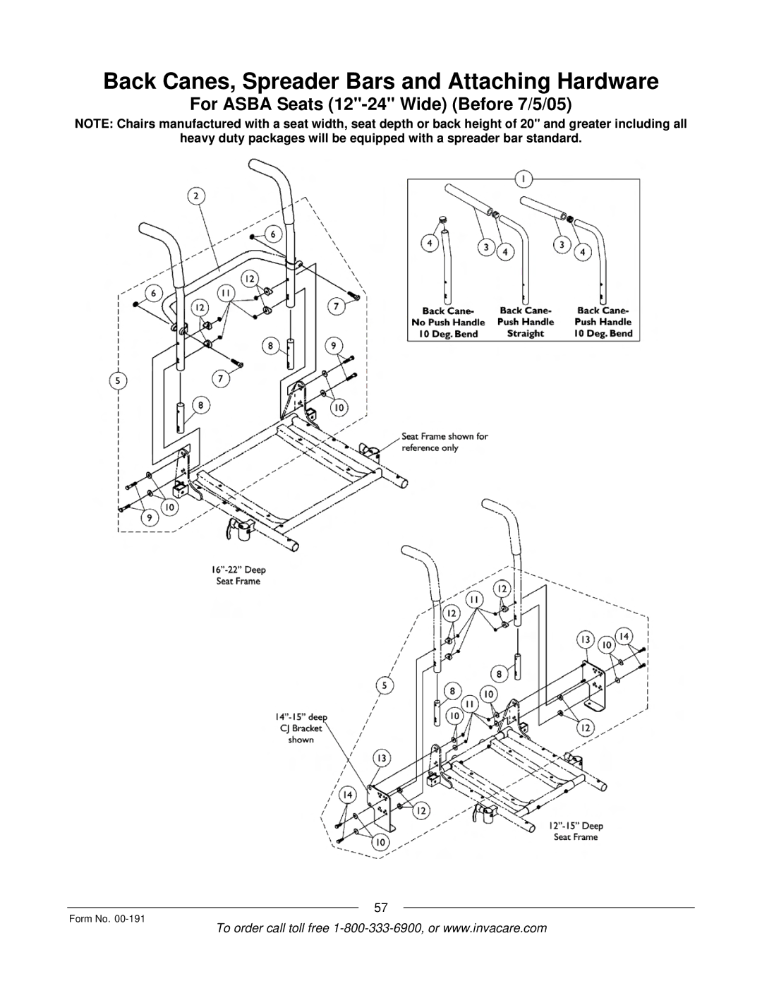 Invacare Ranger XTM, TorqueTM SE, TorqueTM SP, TorqueTM 3, Arrow manual Back Canes, Spreader Bars and Attaching Hardware 