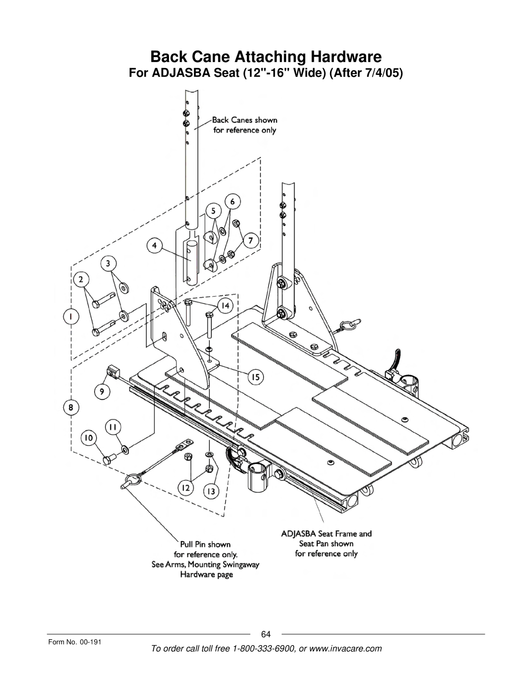 Invacare TorqueTM SE, TorqueTM SP, TorqueTM 3, Ranger XTM, Arrow manual Back Cane Attaching Hardware 