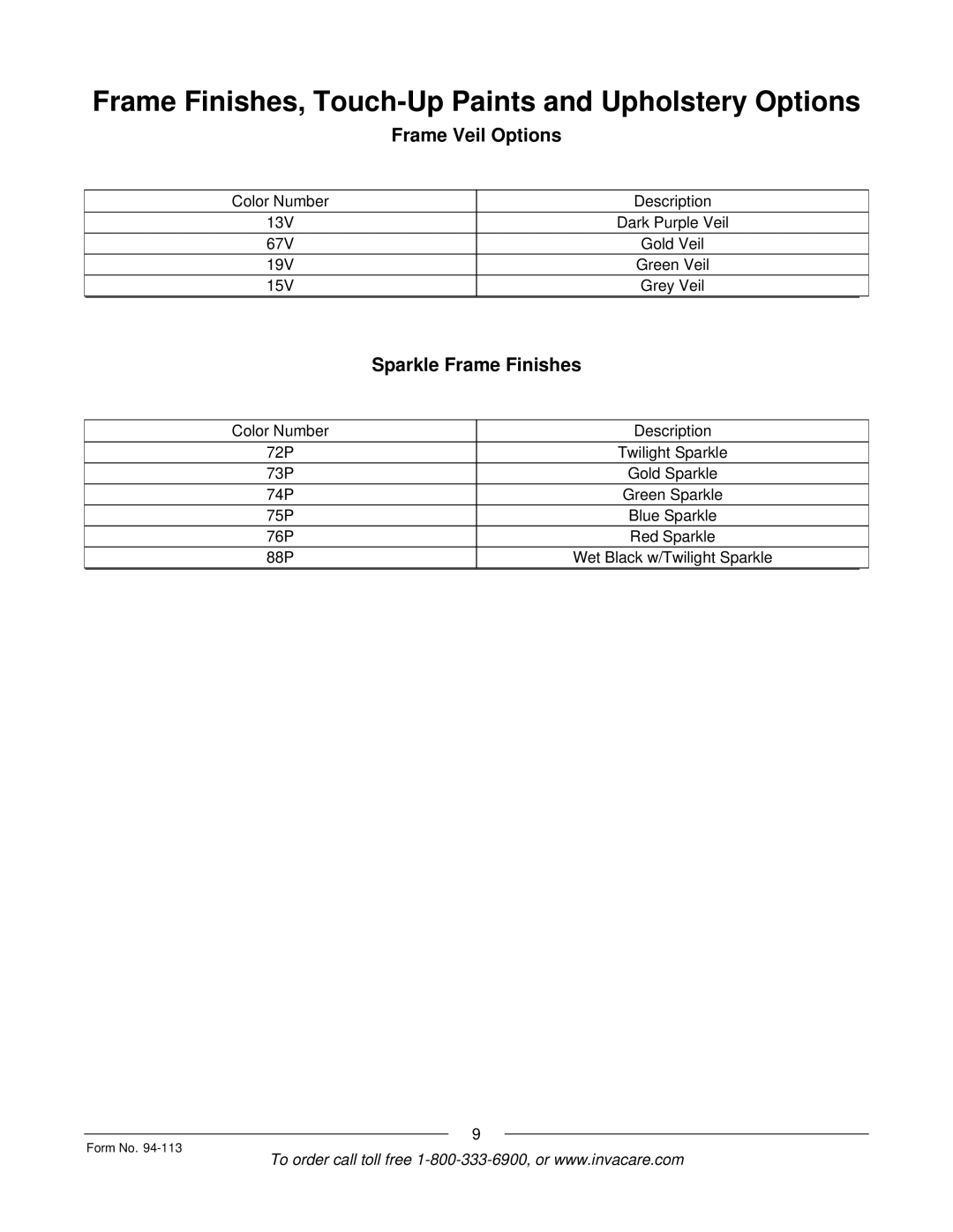 Invacare TorqueTM manual Frame Veil Options, Sparkle Frame Finishes 