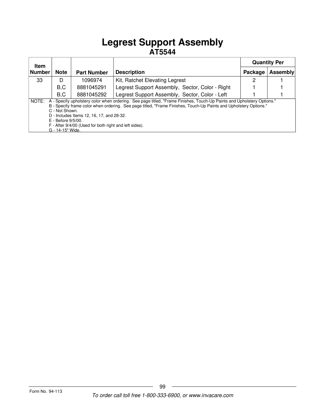 Invacare TorqueTM manual Quantity Per Part Number Description Package Assembly 