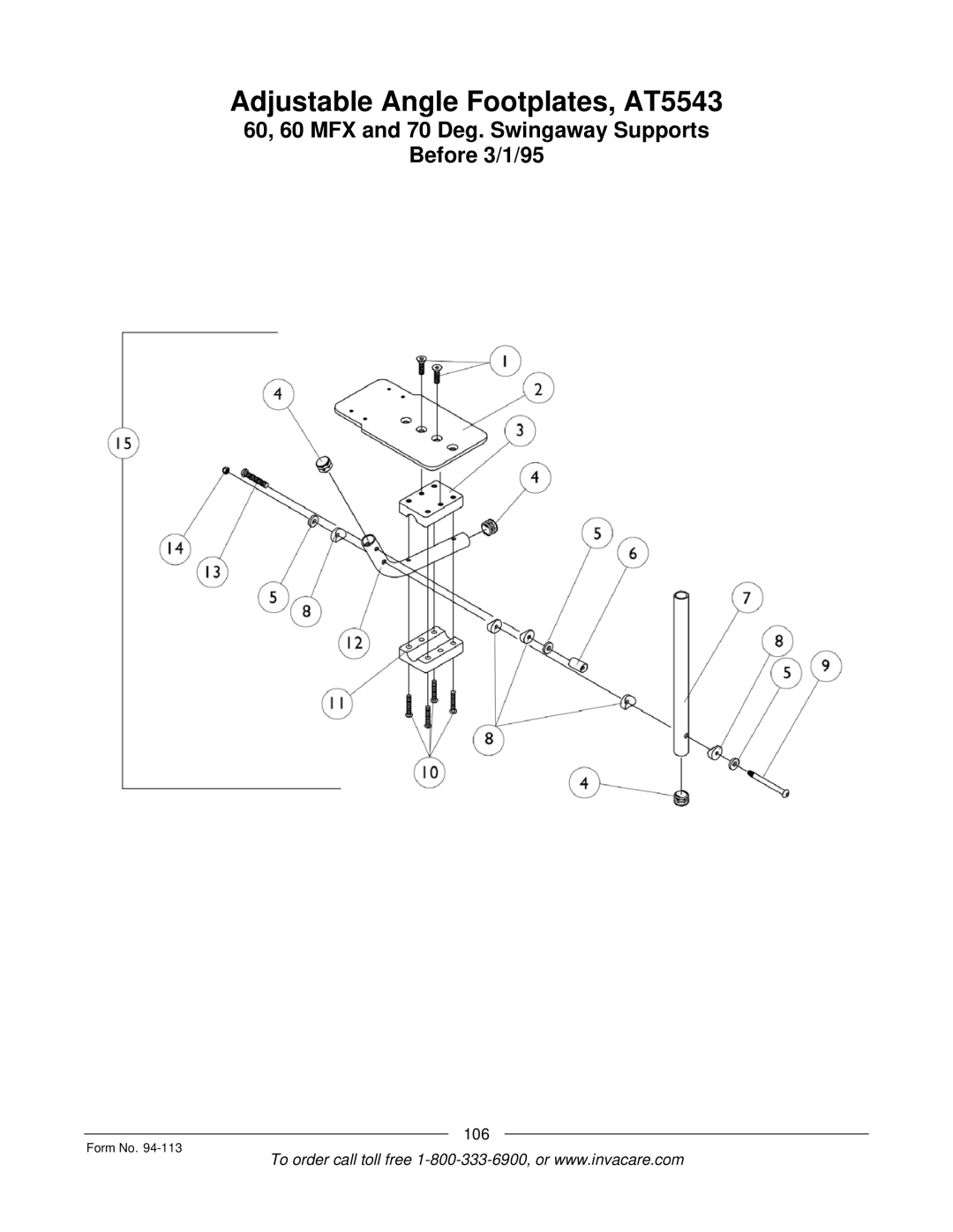 Invacare TorqueTM manual Adjustable Angle Footplates, AT5543, 60, 60 MFX and 70 Deg. Swingaway Supports Before 3/1/95 