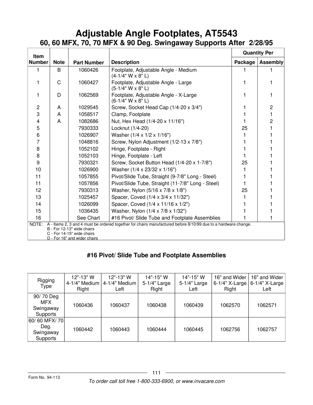 Invacare TorqueTM manual #16 Pivot/ Slide Tube and Footplate Assemblies, Mfx 