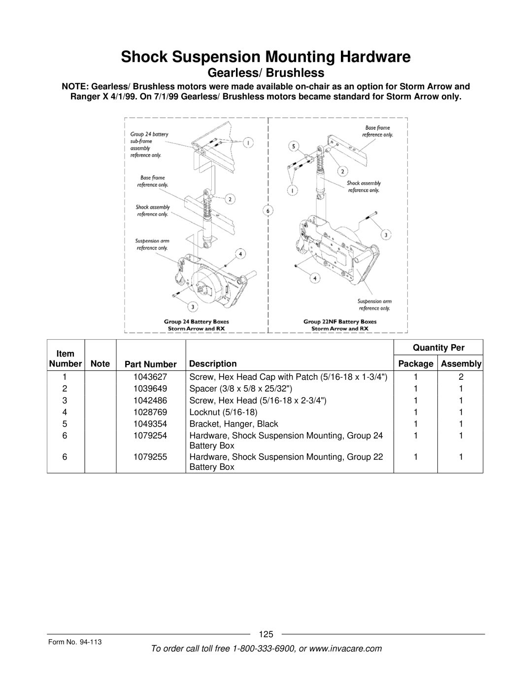 Invacare TorqueTM manual Shock Suspension Mounting Hardware, Gearless/ Brushless 