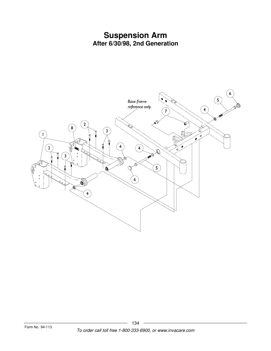 Invacare TorqueTM manual Suspension Arm, After 6/30/98, 2nd Generation 
