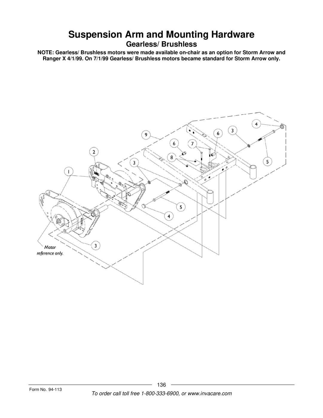 Invacare TorqueTM manual Suspension Arm and Mounting Hardware, Gearless/ Brushless 