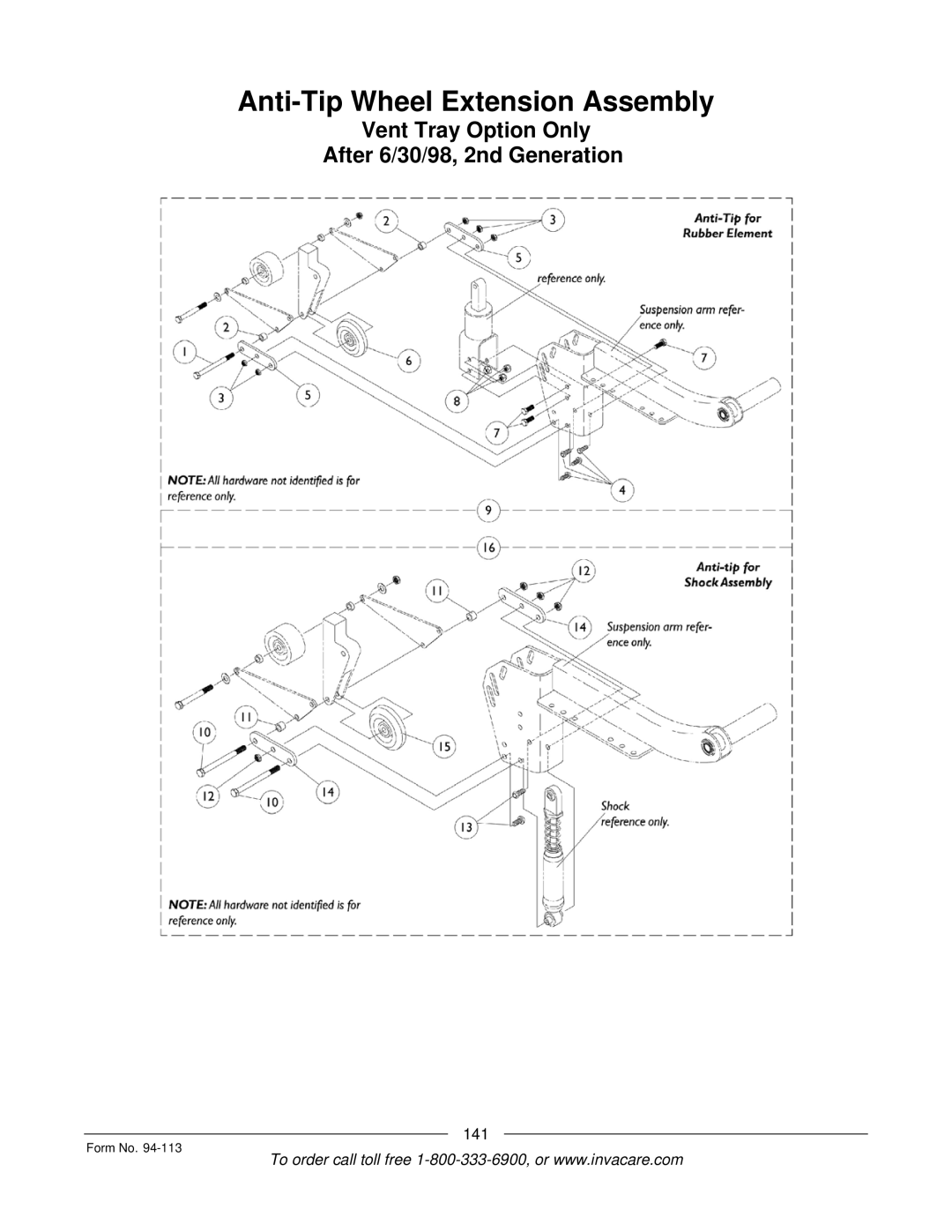 Invacare TorqueTM manual Anti-Tip Wheel Extension Assembly, Vent Tray Option Only After 6/30/98, 2nd Generation 