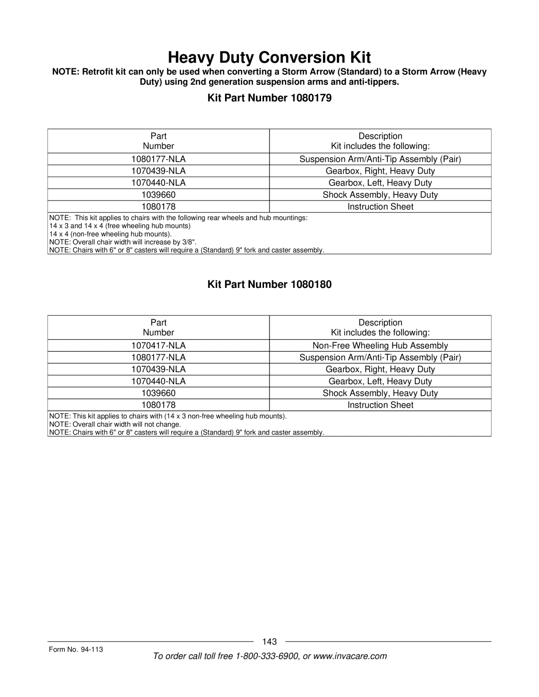 Invacare TorqueTM manual Heavy Duty Conversion Kit, Kit Part Number 