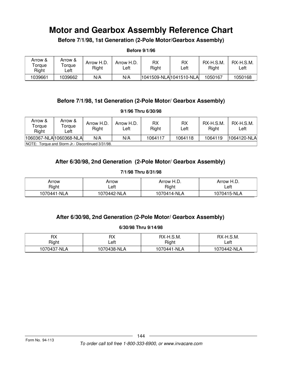 Invacare TorqueTM Motor and Gearbox Assembly Reference Chart, Before 7/1/98, 1st Generation 2-Pole Motor/Gearbox Assembly 