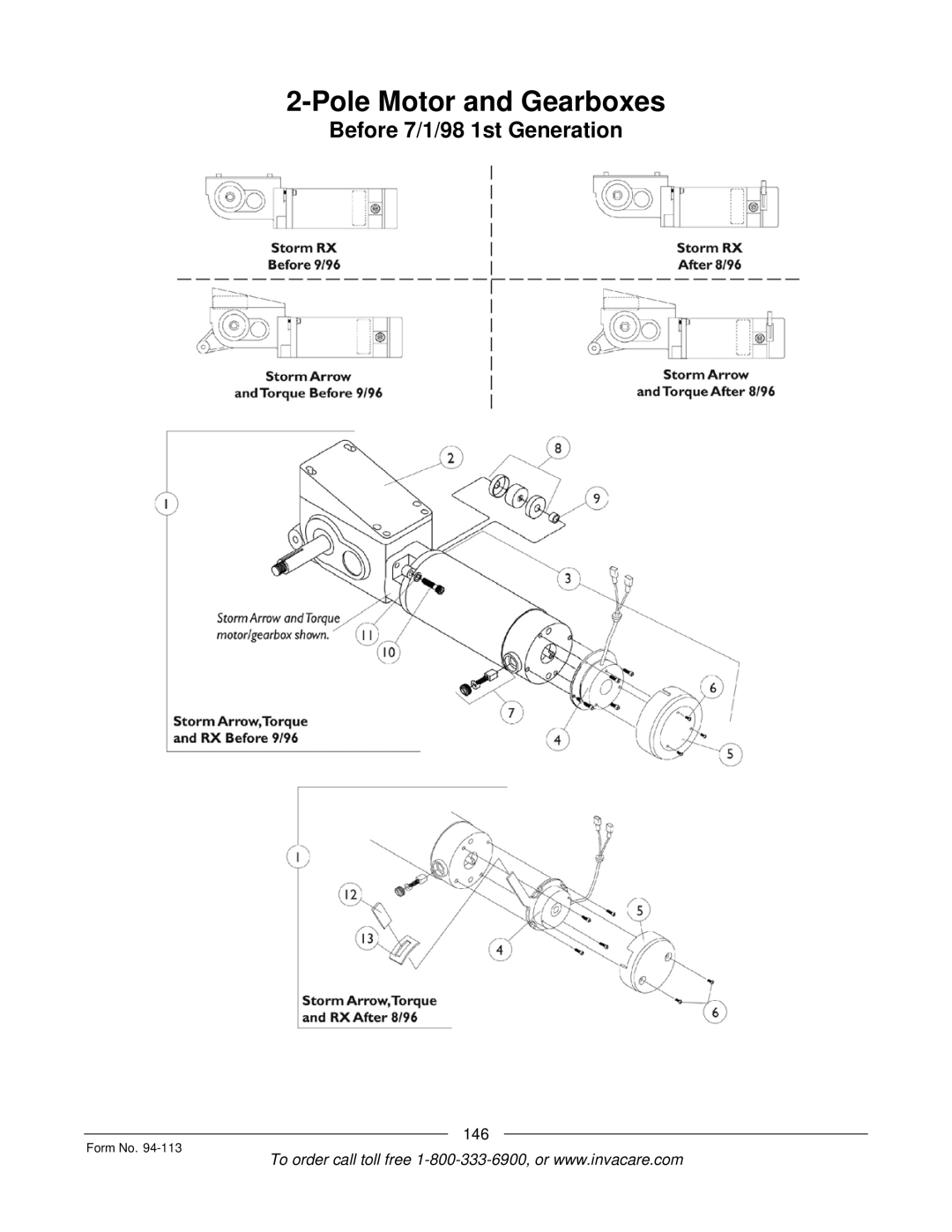 Invacare TorqueTM manual Pole Motor and Gearboxes, Before 7/1/98 1st Generation 