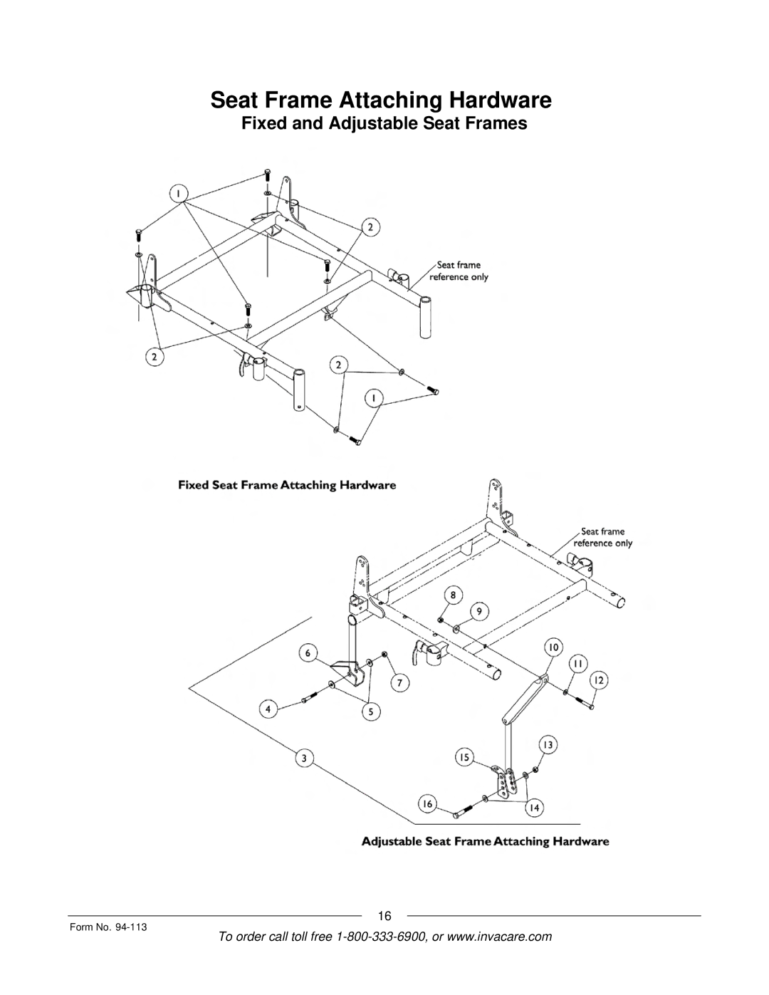 Invacare TorqueTM manual Seat Frame Attaching Hardware 