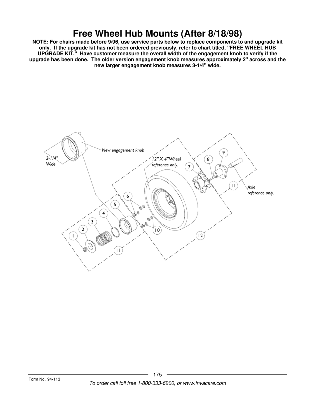 Invacare TorqueTM manual Free Wheel Hub Mounts After 8/18/98 