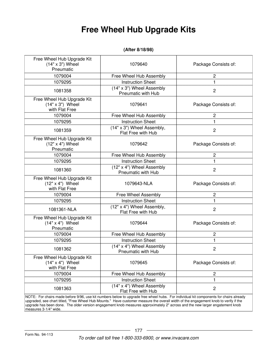 Invacare TorqueTM manual Free Wheel Hub Upgrade Kits, After 8/18/98 