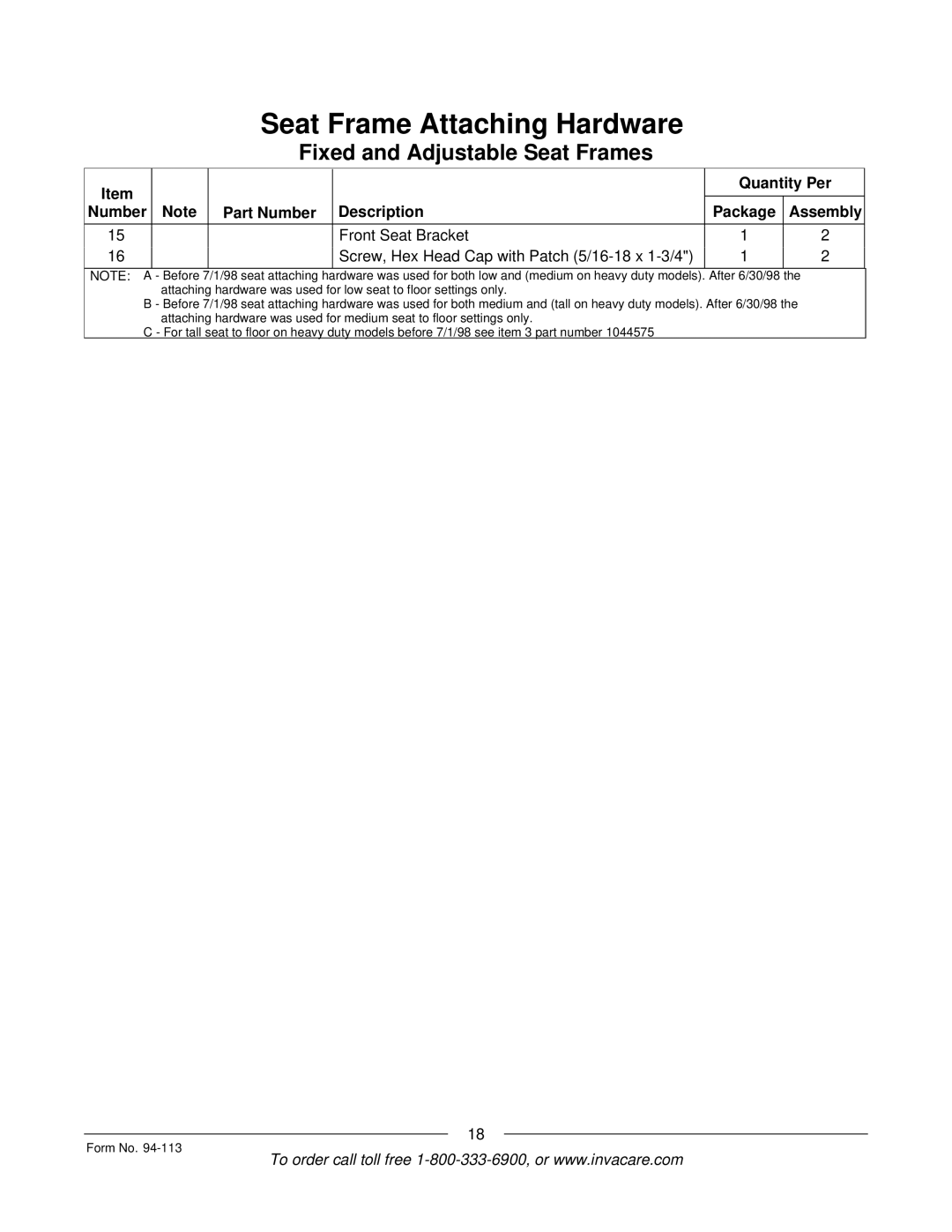 Invacare TorqueTM manual Before 98 seat attaching 