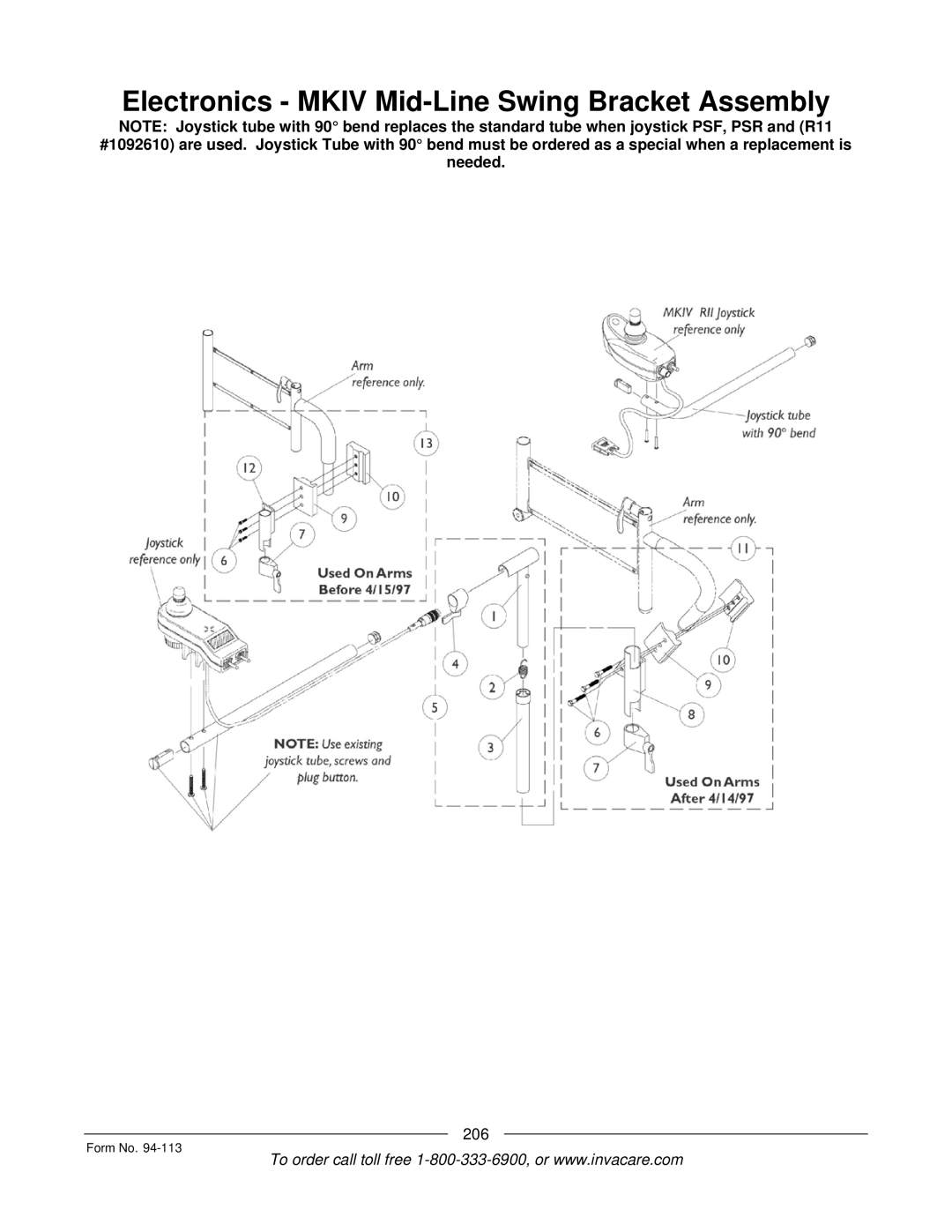 Invacare TorqueTM manual Electronics Mkiv Mid-Line Swing Bracket Assembly 