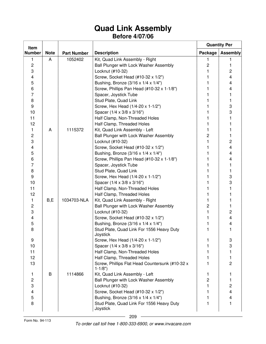 Invacare TorqueTM manual Quantity Per Number Part Number Description Package Assembly 