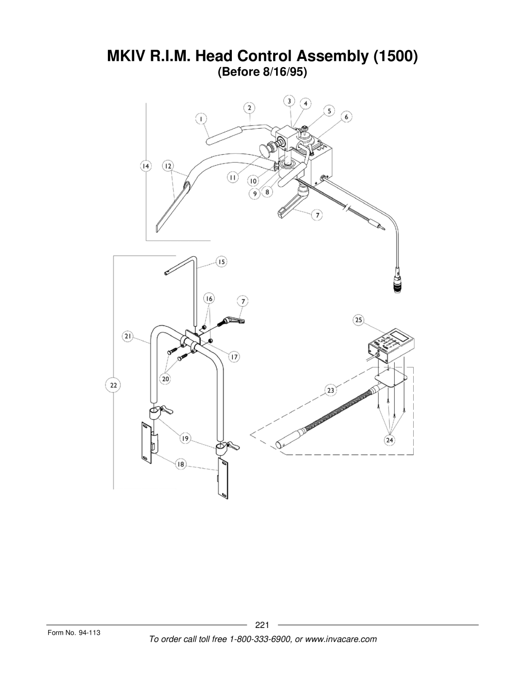 Invacare TorqueTM manual Mkiv R.I.M. Head Control Assembly, Before 8/16/95 