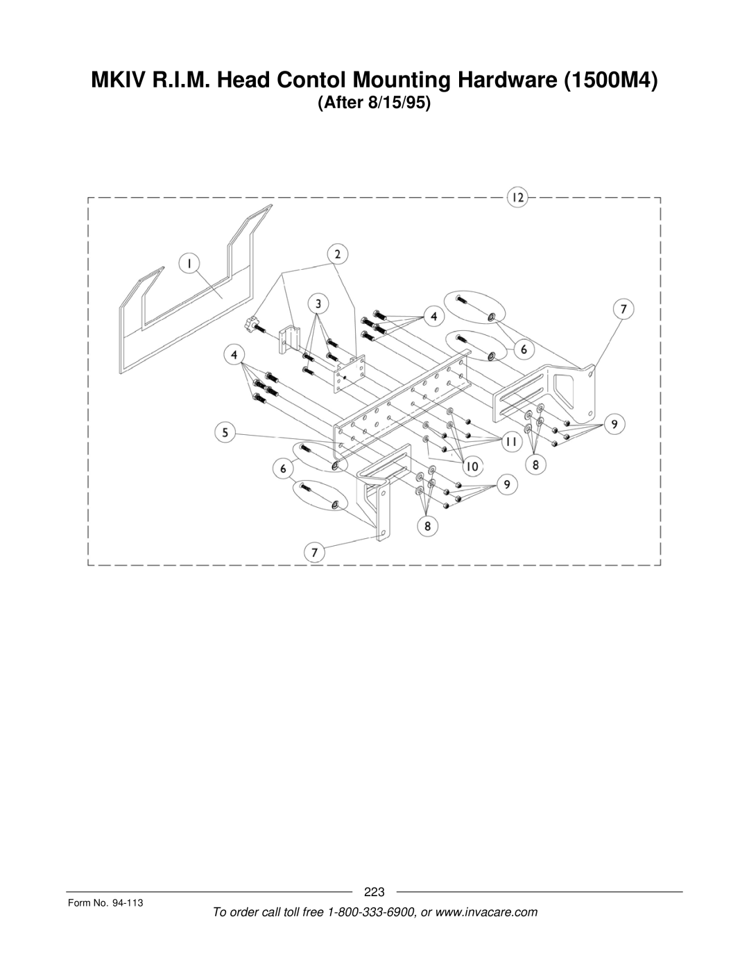 Invacare TorqueTM manual Mkiv R.I.M. Head Contol Mounting Hardware 1500M4, After 8/15/95 