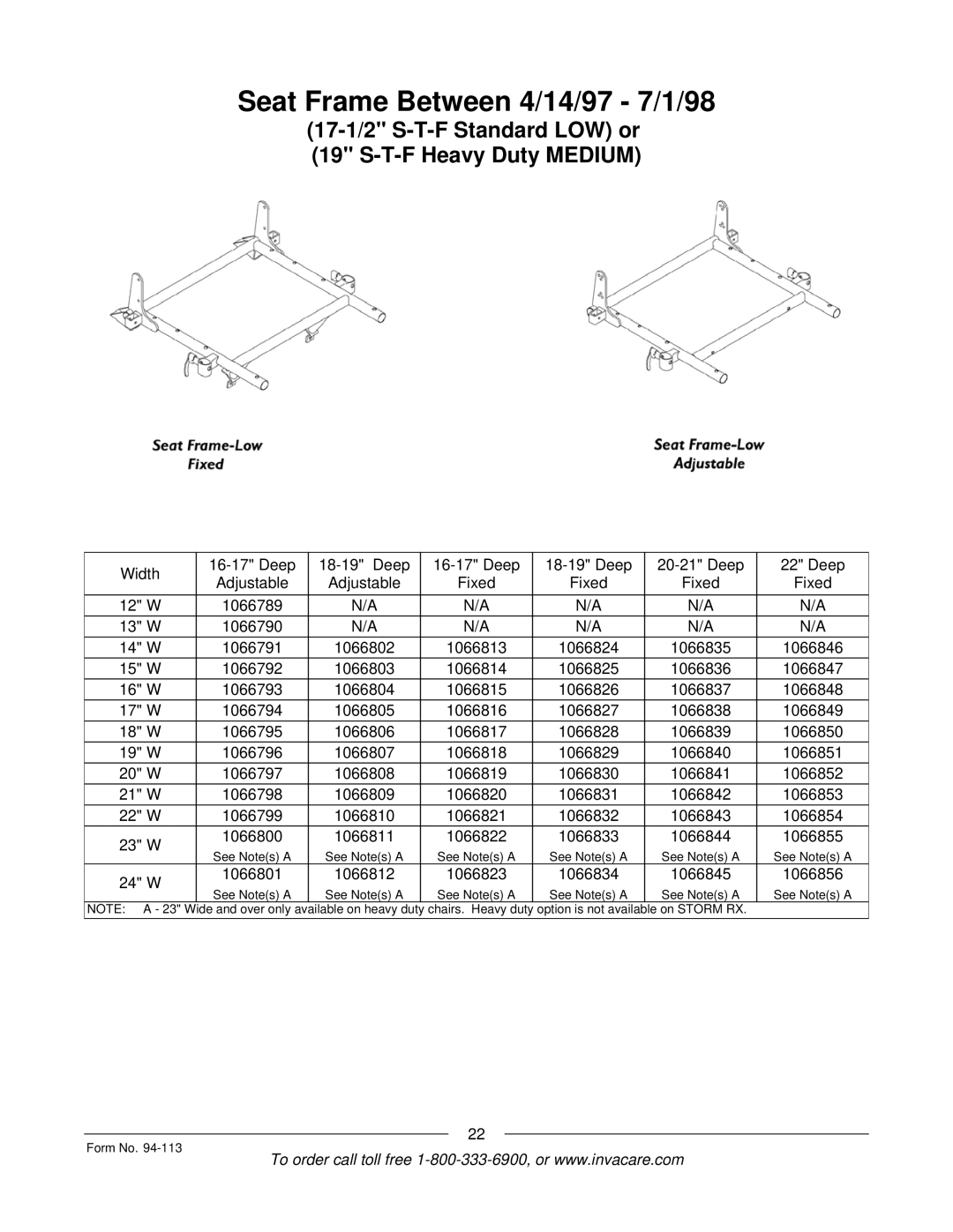 Invacare TorqueTM manual Seat Frame Between 4/14/97 7/1/98 