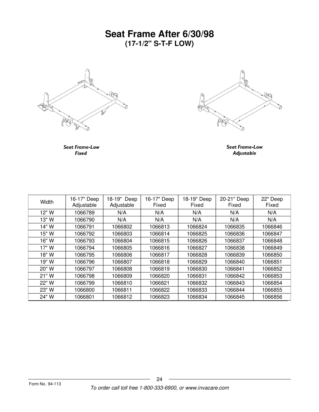 Invacare TorqueTM manual Seat Frame After 6/30/98, 17-1/2 S-T-F LOW 