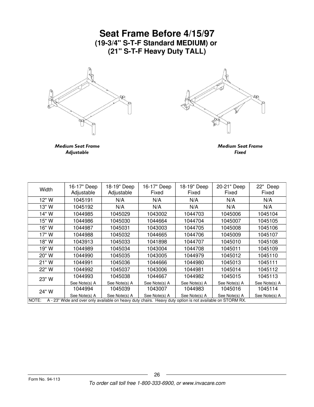 Invacare TorqueTM manual Seat Frame Before 4/15/97, 19-3/4 S-T-F Standard Medium or 21 S-T-F Heavy Duty Tall 