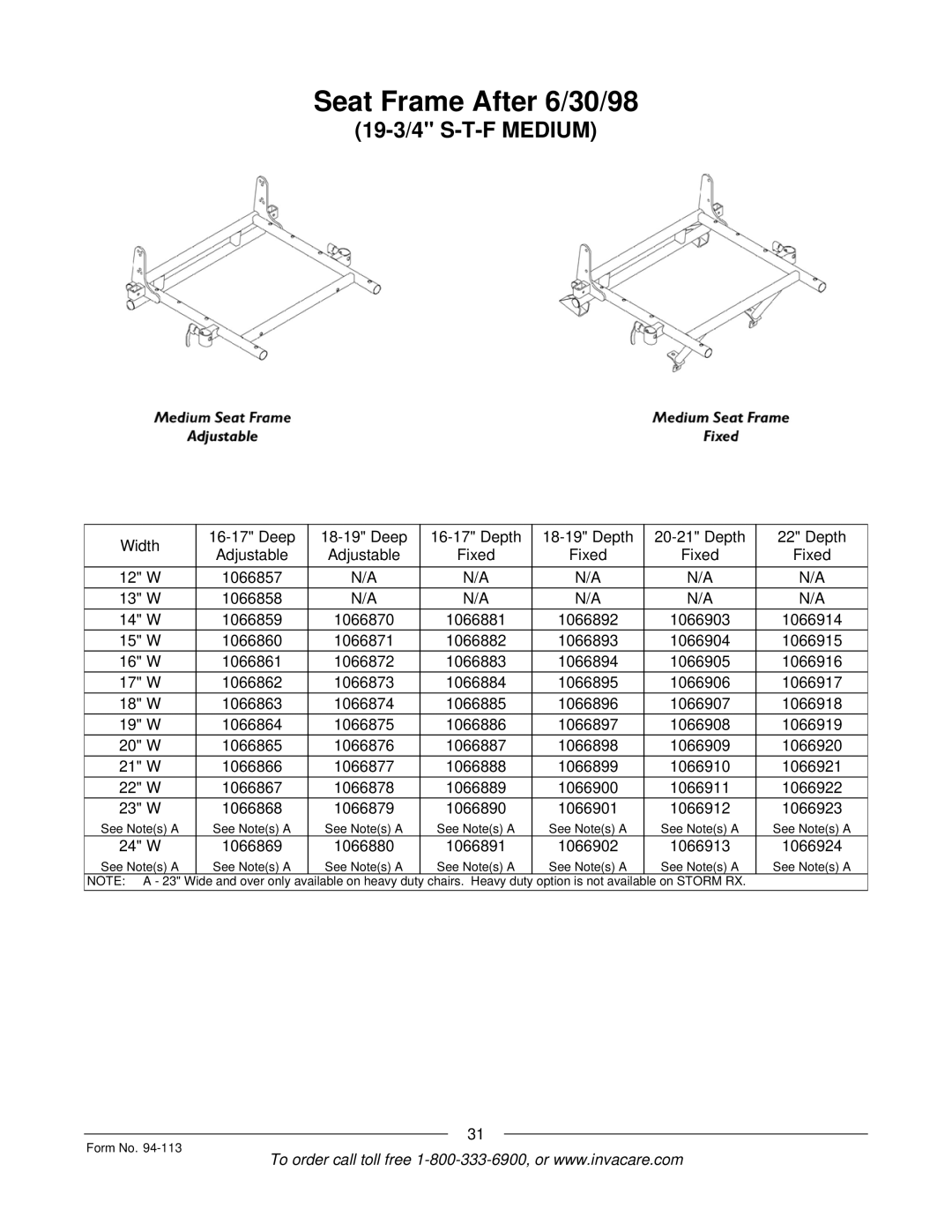 Invacare TorqueTM manual Seat Frame After 6/30/98, 19-3/4 S-T-F Medium 