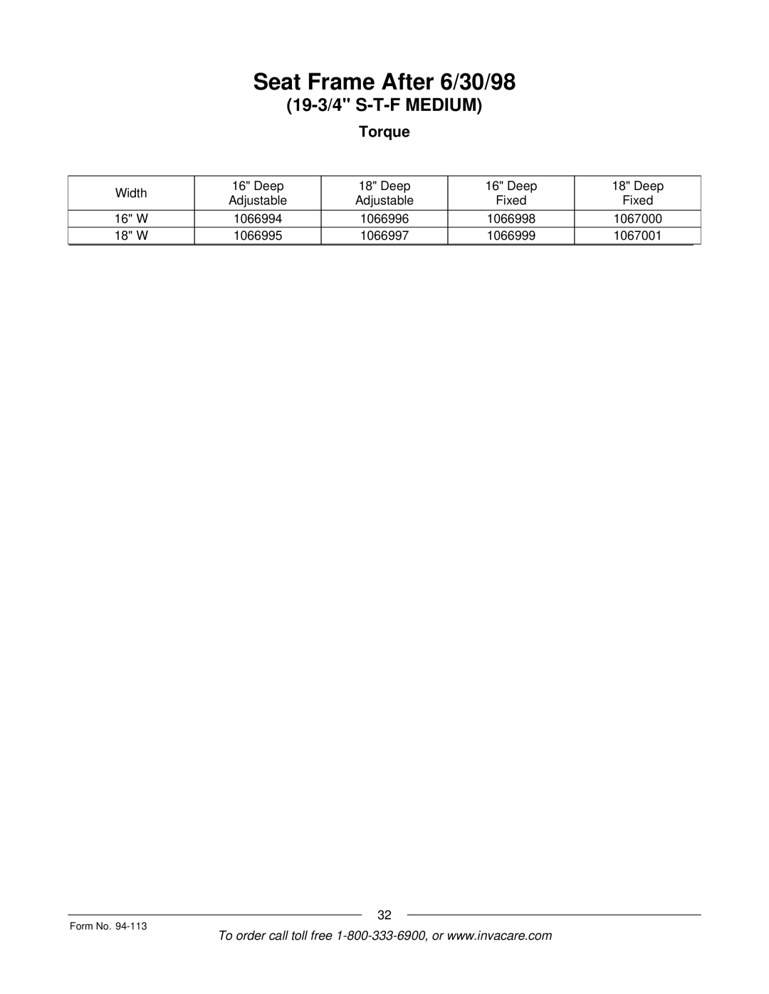 Invacare TorqueTM manual Seat Frame After 6/30/98 