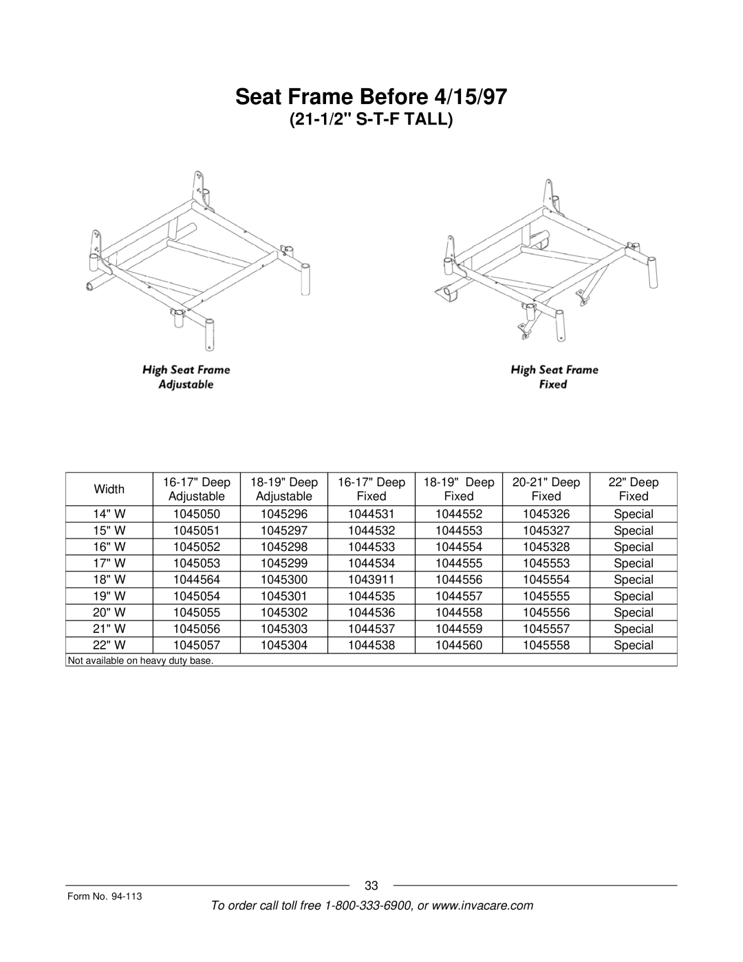 Invacare TorqueTM manual Seat Frame Before 4/15/97, 21-1/2 S-T-F Tall 