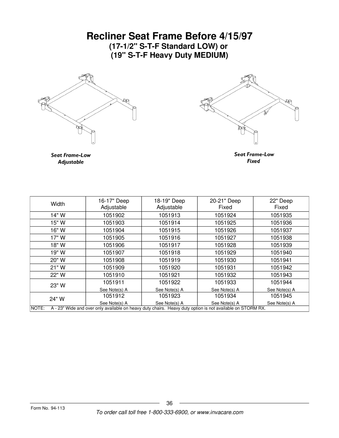 Invacare TorqueTM manual Recliner Seat Frame Before 4/15/97, 24 W 1051912 1051923 1051934 1051945 