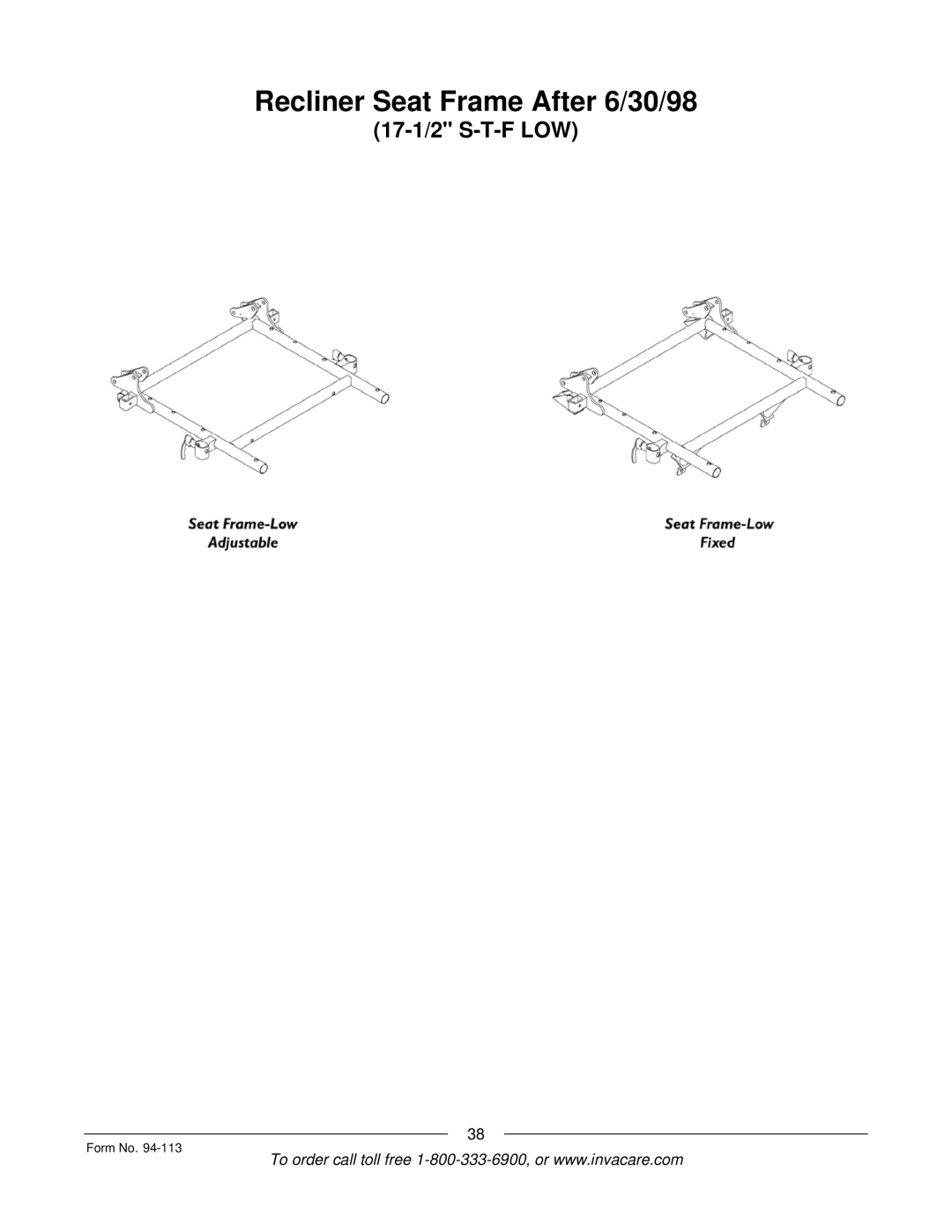 Invacare TorqueTM manual Recliner Seat Frame After 6/30/98, 17-1/2 S-T-F LOW 