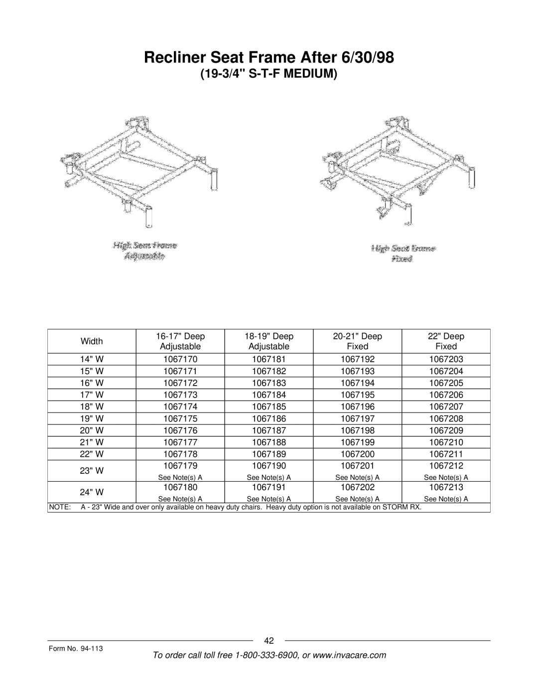 Invacare TorqueTM manual Recliner Seat Frame After 6/30/98 