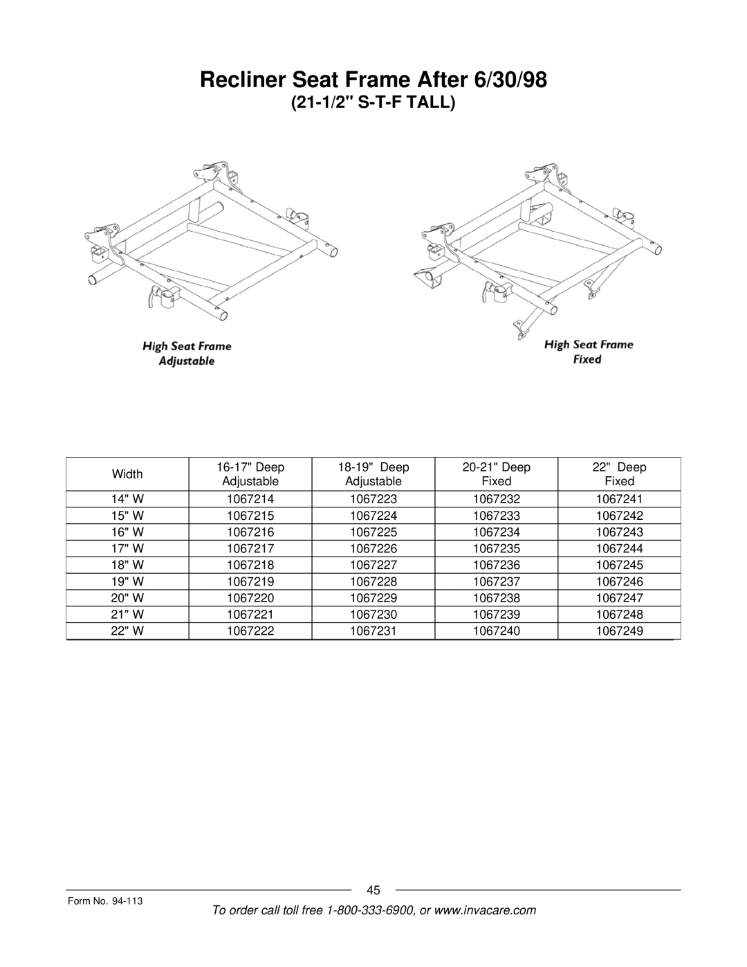 Invacare TorqueTM manual Recliner Seat Frame After 6/30/98 